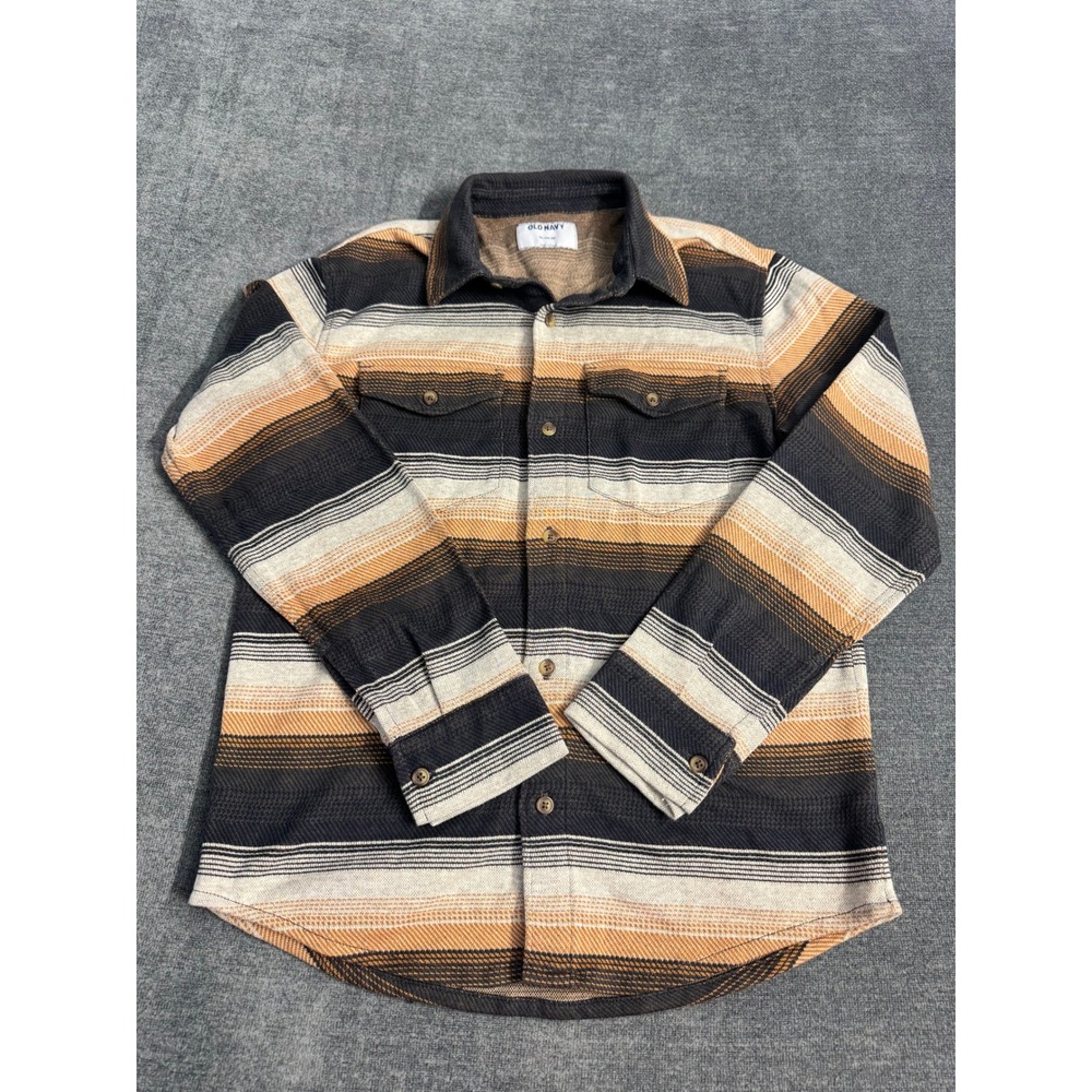 Old Navy Boys XL 14-16 Striped Long Sleeve Button Down Shirt Brown Tan Cream